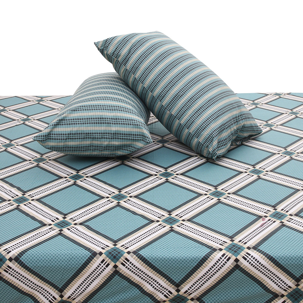 Teal Checkered Double Bed Sheet 92x98" – Modern Plaid Printed King Size Bedsheet with Pillow Covers - Habitt