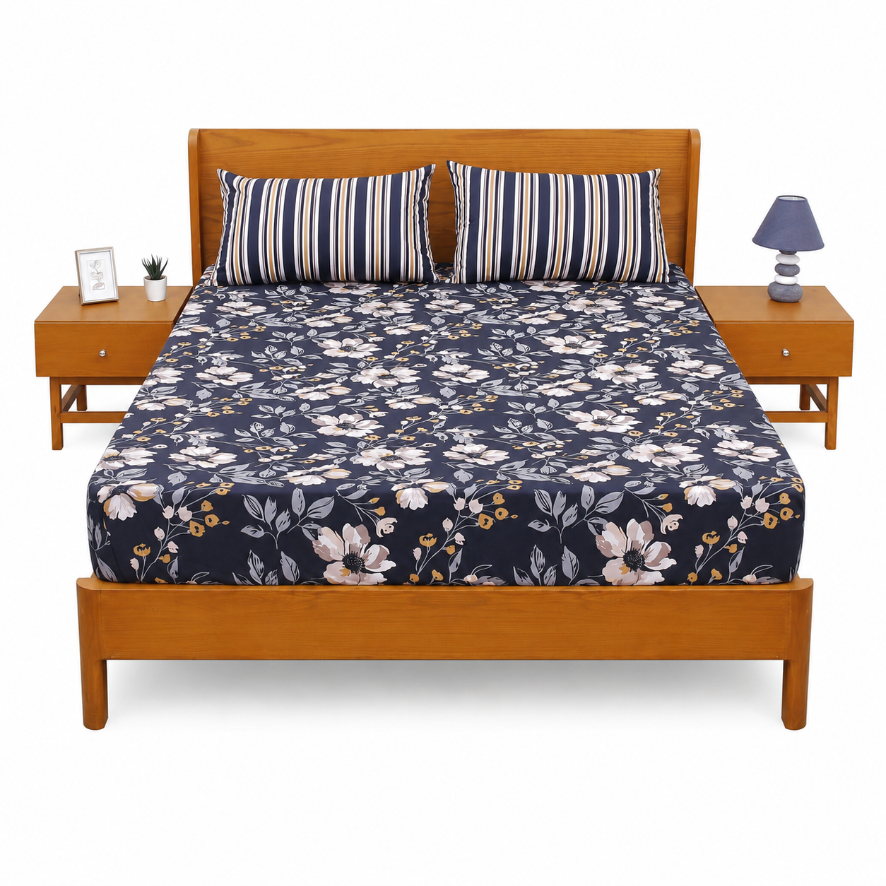 Blue Lily Double Bed Sheet Set | Elegant Floral Printed Bedding | 94x98 Inches - Habitt