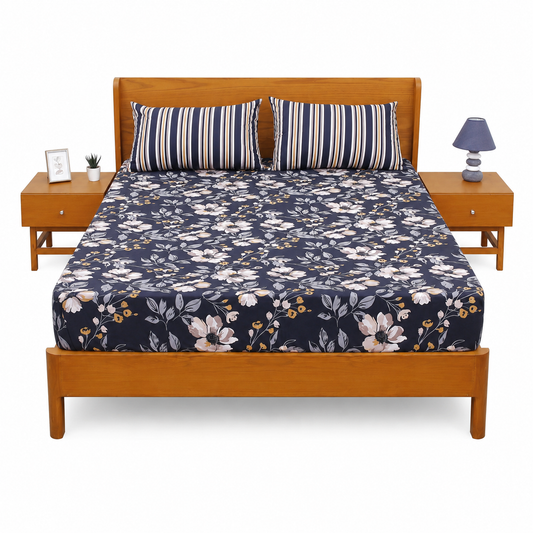 Blue Lily Double Bed Sheet Set | Elegant Floral Printed Bedding | 94x98 Inches - Habitt