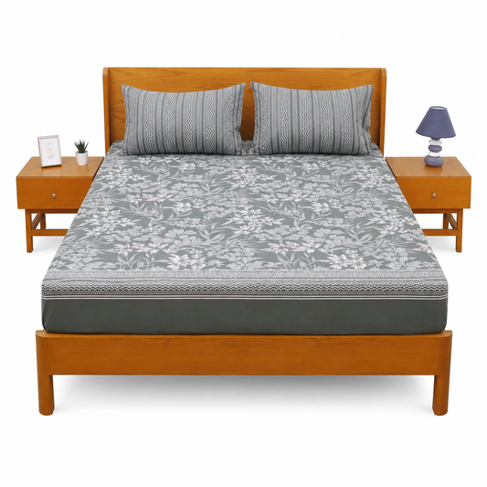 Gray Flora Double Bed Sheet Set | Elegant Floral Printed Bedding | 94x98 Inches - Habitt
