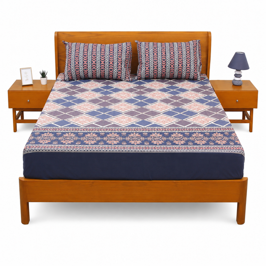 Heritage Checkered Double Bed Sheet Set | Vintage Floral Printed Bedding | 94x98 Inches - Habitt