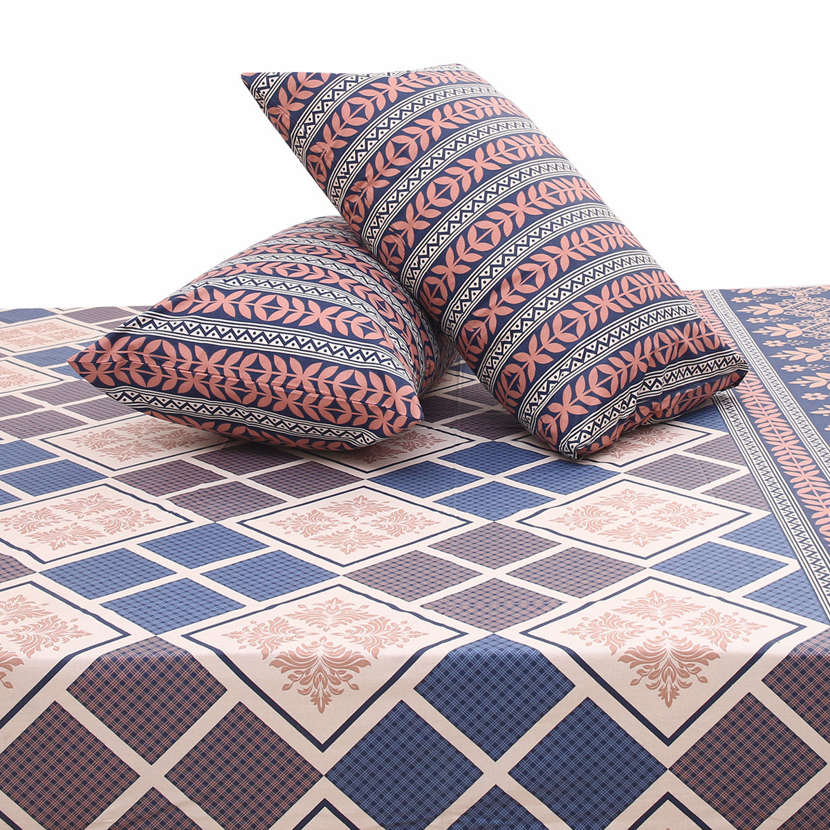Heritage Checkered Double Bed Sheet Set | Vintage Floral Printed Bedding | 94x98 Inches - Habitt
