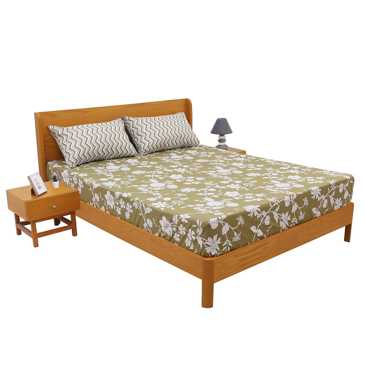 Mustard Green Double Bed Sheet Set | Elegant Floral Printed Bedding | 94x98 Inches - Habitt