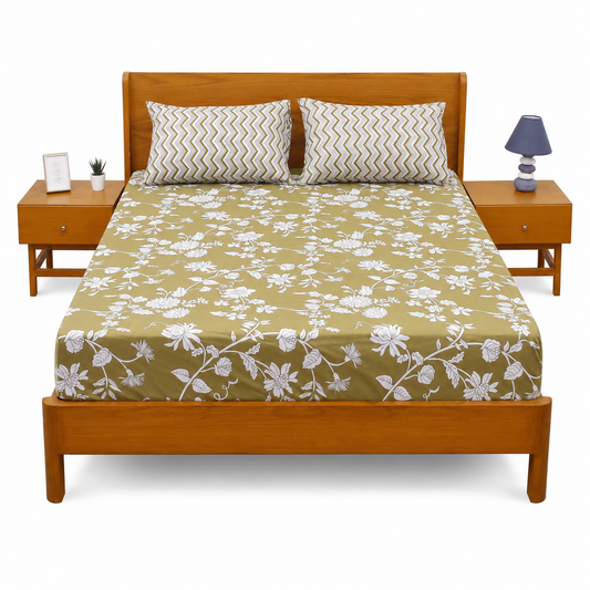 Mustard Green Double Bed Sheet Set | Elegant Floral Printed Bedding | 94x98 Inches - Habitt
