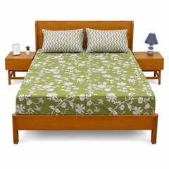 Mustard Green Double Bed Sheet Set | Elegant Floral Printed Bedding | 94x98 Inches