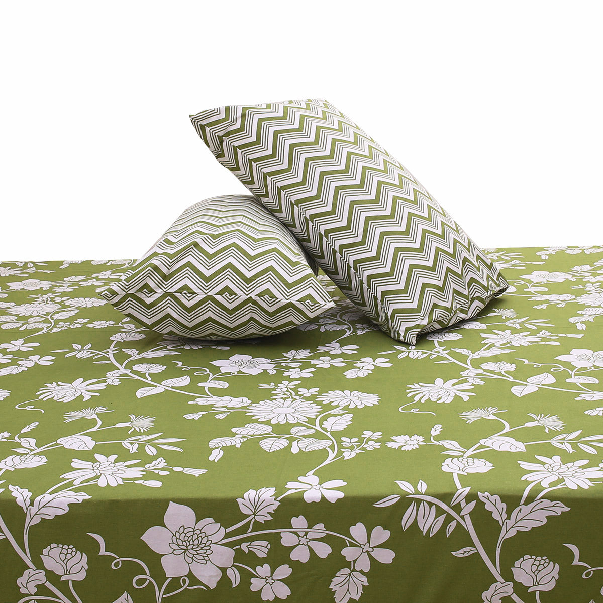 Mustard Green Double Bed Sheet Set | Elegant Floral Printed Bedding | 94x98 Inches