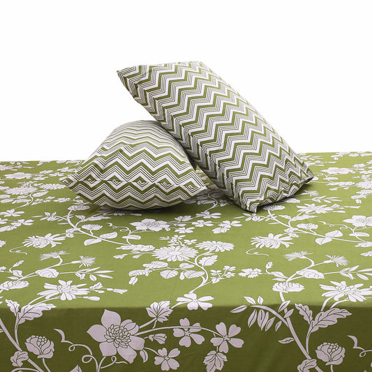 Mustard Green Double Bed Sheet Set | Elegant Floral Printed Bedding | 94x98 Inches