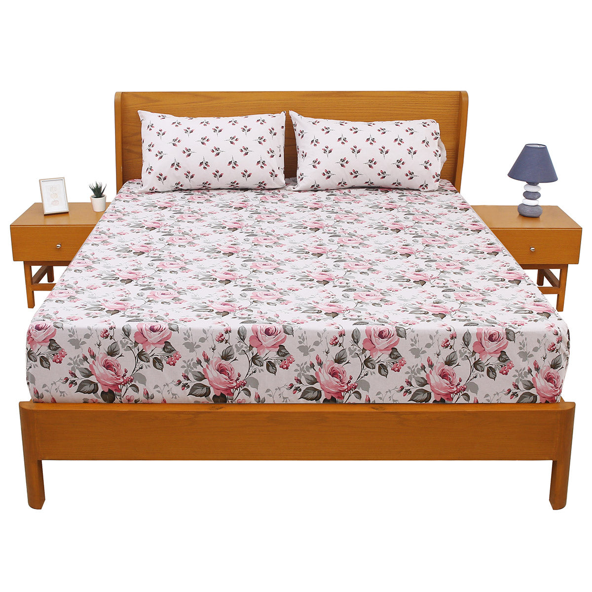 Pink Blossom Double Bed Sheet Set | Elegant Rose Floral Printed Bedding | 94x98 Inches - Habitt