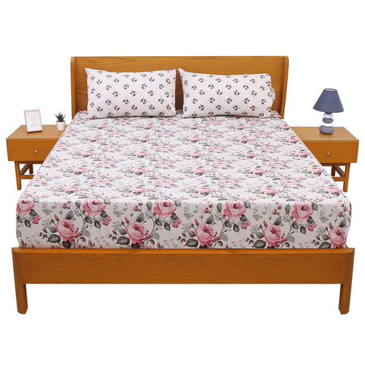Pink Blossom Double Bed Sheet Set | Elegant Rose Floral Printed Bedding | 94x98 Inches - Habitt
