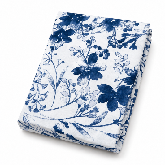 Blue Floral Double Bed Sheet 96 × 102 Inch Cotton | White & Blue Flower Print Bed Sheet for Double Bed | Soft Cotton Bedsheet