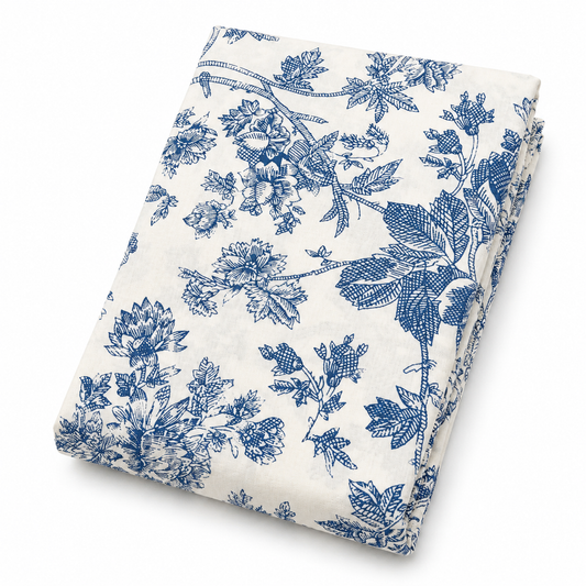 Blue Floral Double Bed Sheet 96 × 102 Inch Percale | White & Blue Flower Pattern Bed Sheet for Double Bed | Soft Percale Bedsheet