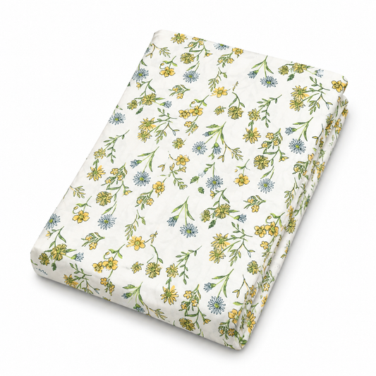 Yellow Floral Double Bed Sheet 96 × 102 Inch Cotton | Yellow & Blue Flower Print Bed Sheet for Double Bed | Soft Cotton Bedsheet
