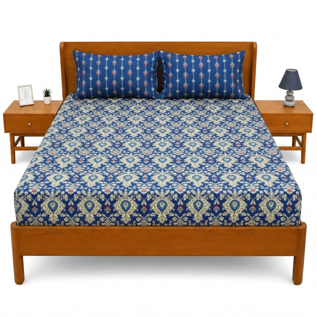 Navy Ikat Double Bed Sheet 94 × 98 Inch | Stylish Printed Bed Sheet for Bedroom