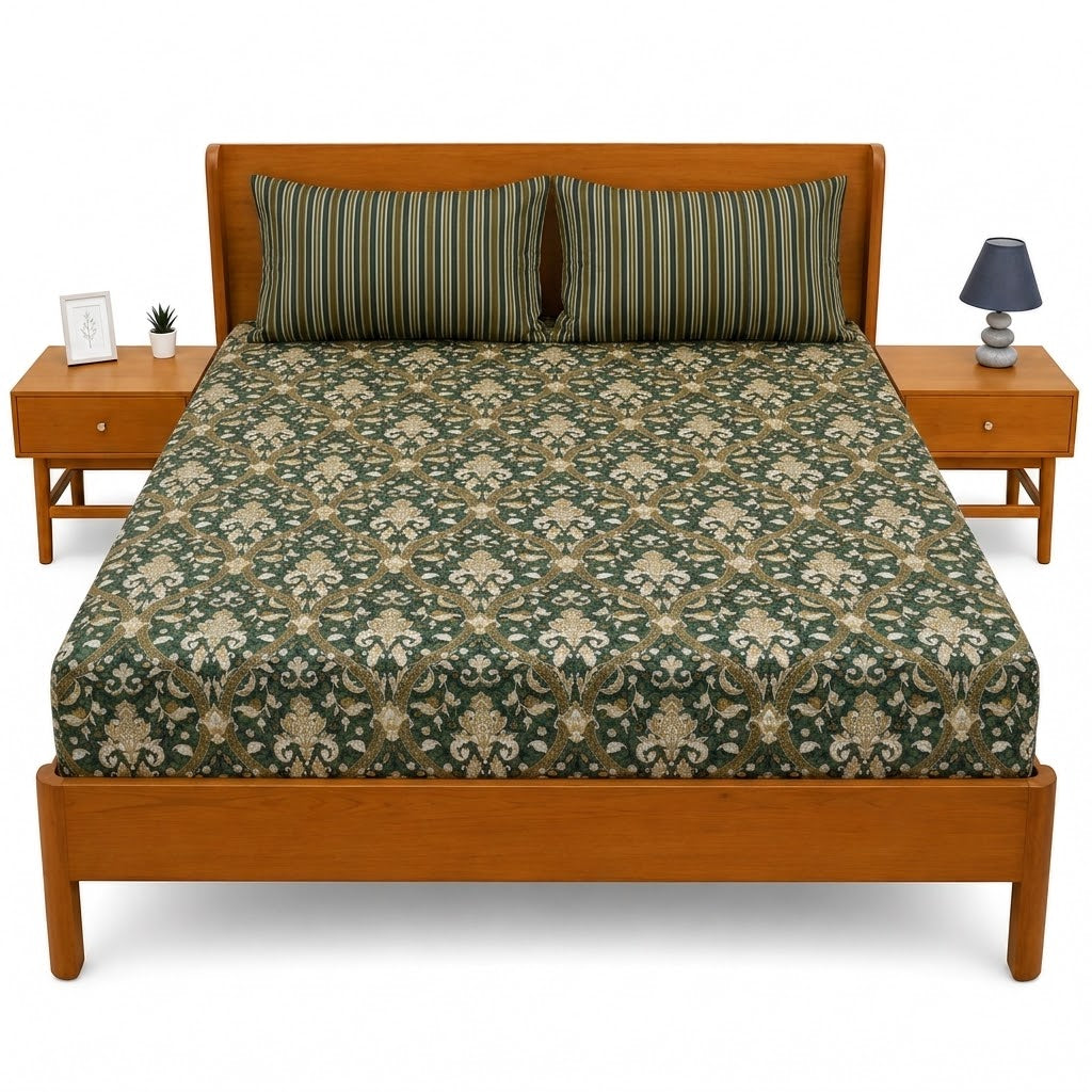 Olive Damask Double Bed Sheet 94 × 98 Inch | Elegant Printed Bed Sheet for Bedroom