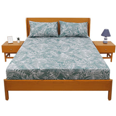 Emerald Leaf Double Bed Sheet (96x102) with 2 Pillow Covers – 100% Cotton Botanical Line Art Print