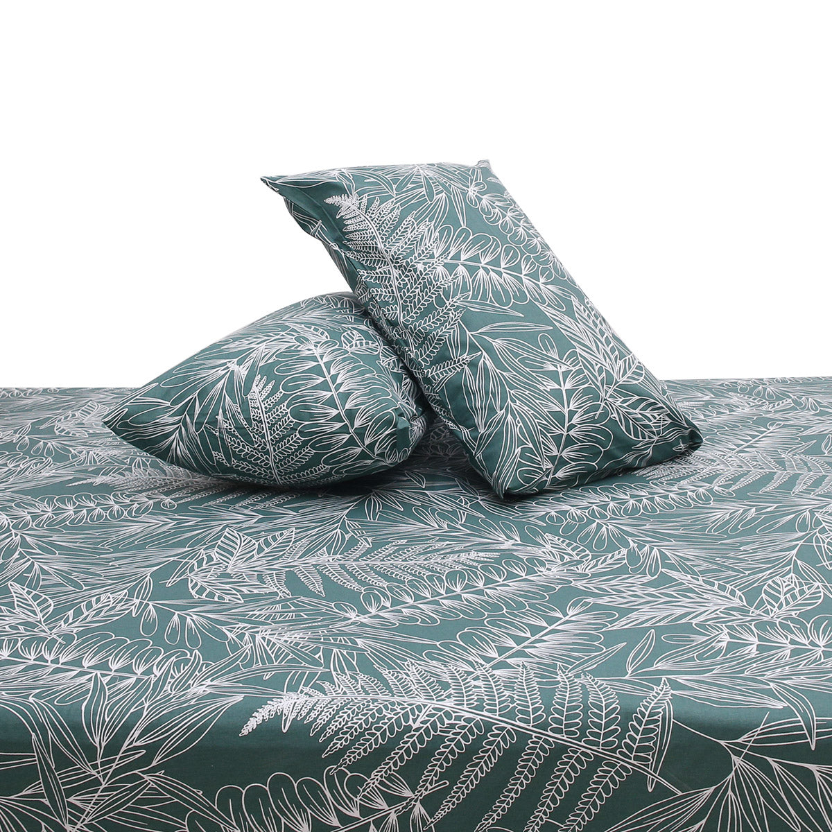 Emerald Leaf Double Bed Sheet (96x102) with 2 Pillow Covers – 100% Cotton Botanical Line Art Print