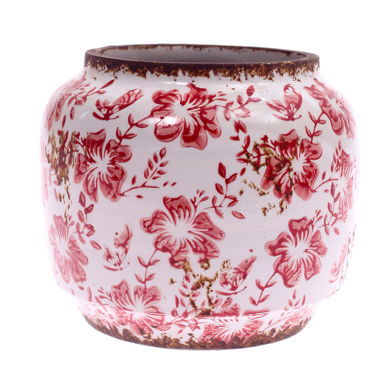 Vintage Floral Ceramic Vase – White & Red Printed Flower Design, Rustic Home Décor Accent (6.67 x 6.67 x 6 Inch) - Habitt