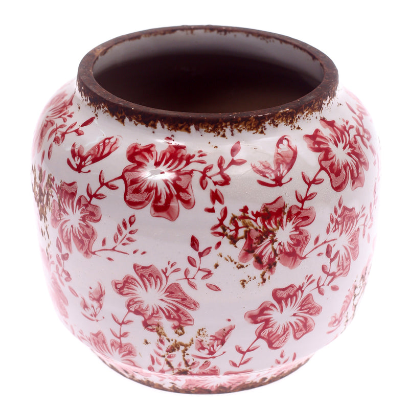 Vintage Floral Ceramic Vase – White & Red Printed Flower Design, Rustic Home Décor Accent (6.67 x 6.67 x 6 Inch) - Habitt