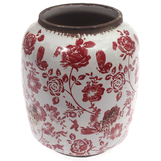 Ceramic Vase Printed White & Red 8 X 8 X 10 Inch TYX029