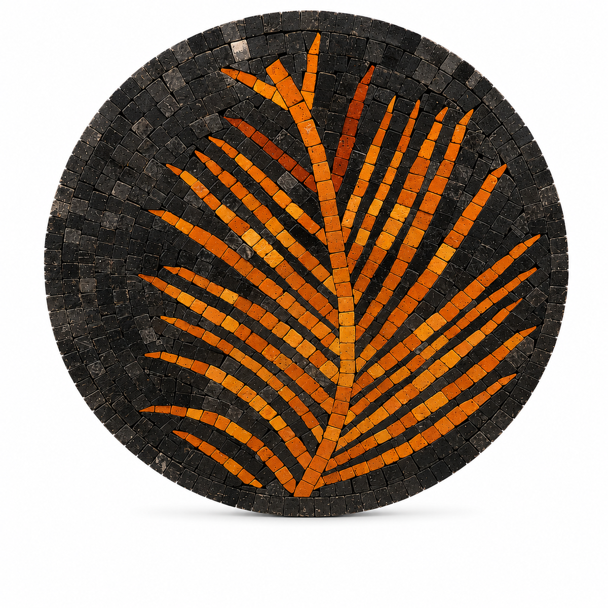 Round Botanical Mosaic Wall Art 16 x 16 – Black & Orange Decorative Wall Hanging
