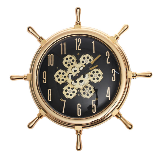 Nautical Gear Design Black & Gold Wall Clock – Ship Wheel Style (Model 736)