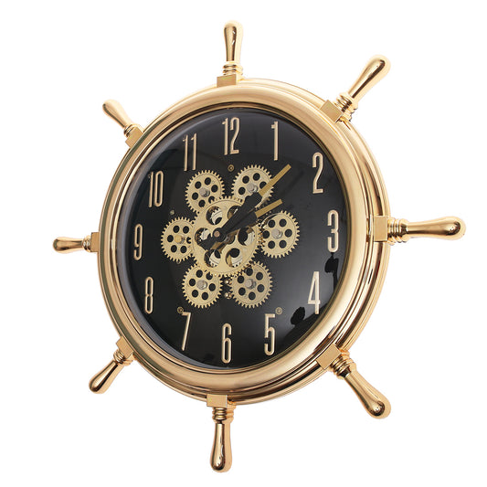 Nautical Gear Design Black & Gold Wall Clock – Ship Wheel Style (Model 736)