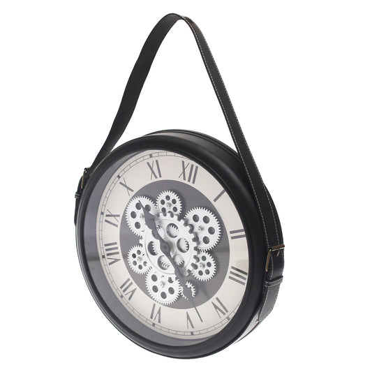Industrial Gear Design Black & White Wall Clock with Hanging Strap (Model 191)