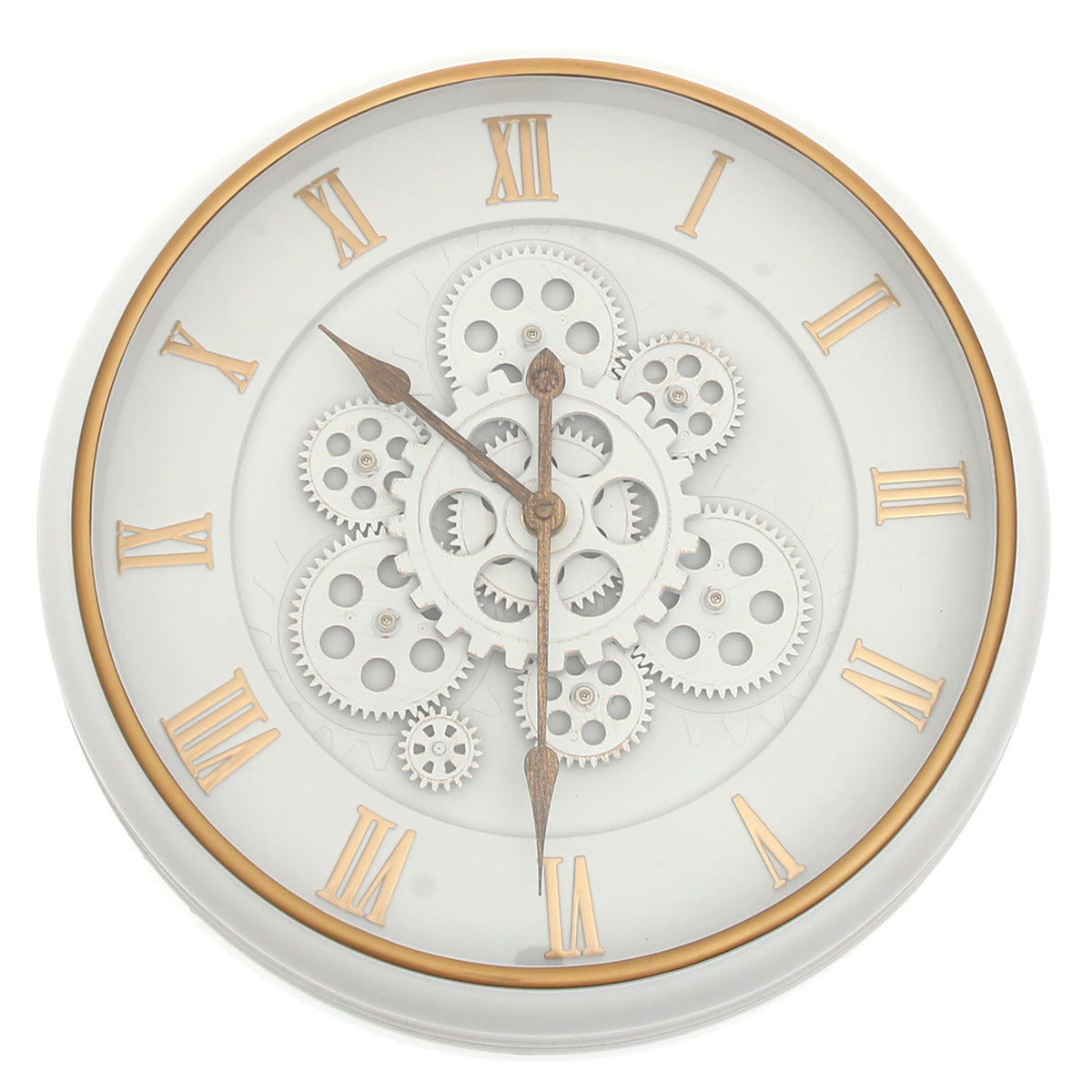 Wall Clock – White & Gold with Exposed Gear Design (Model 2003)