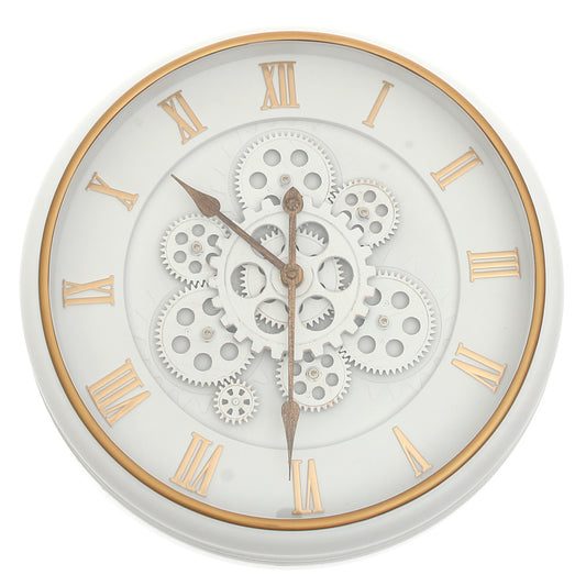 Wall Clock – White & Gold with Exposed Gear Design (Model 2003)