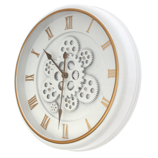 Wall Clock – White & Gold with Exposed Gear Design (Model 2003)