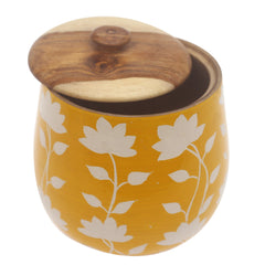 Handcrafted Naqshi Art Storage Jar with Yellow & White Floral Design