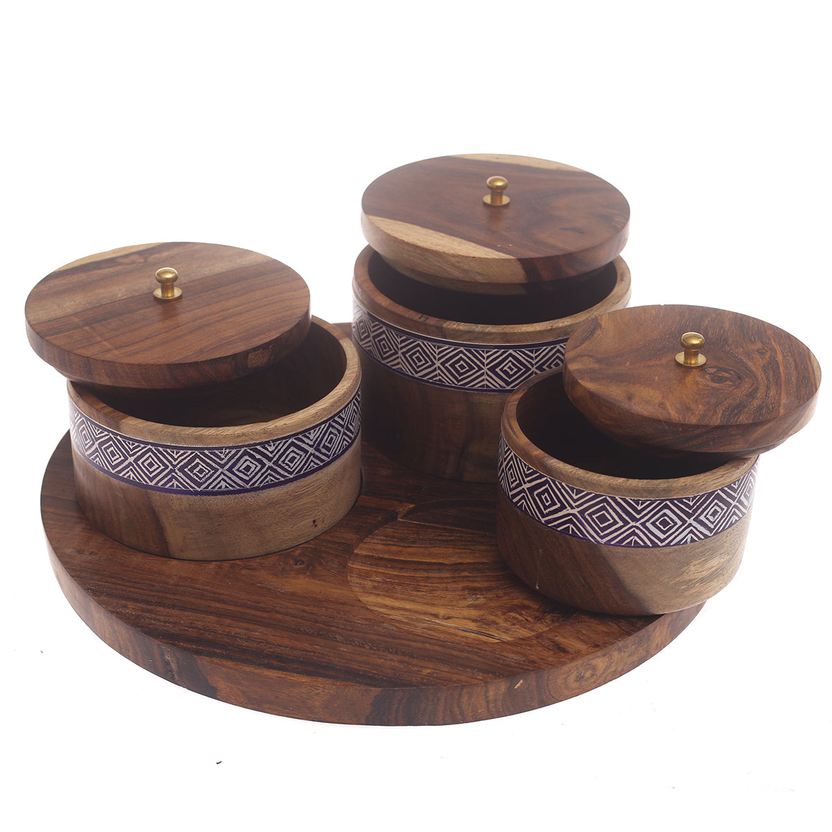 Royal Blue Naqshi Dry Fruit Jar Set – Handcrafted 7-Piece Wooden Storage Set with Tray