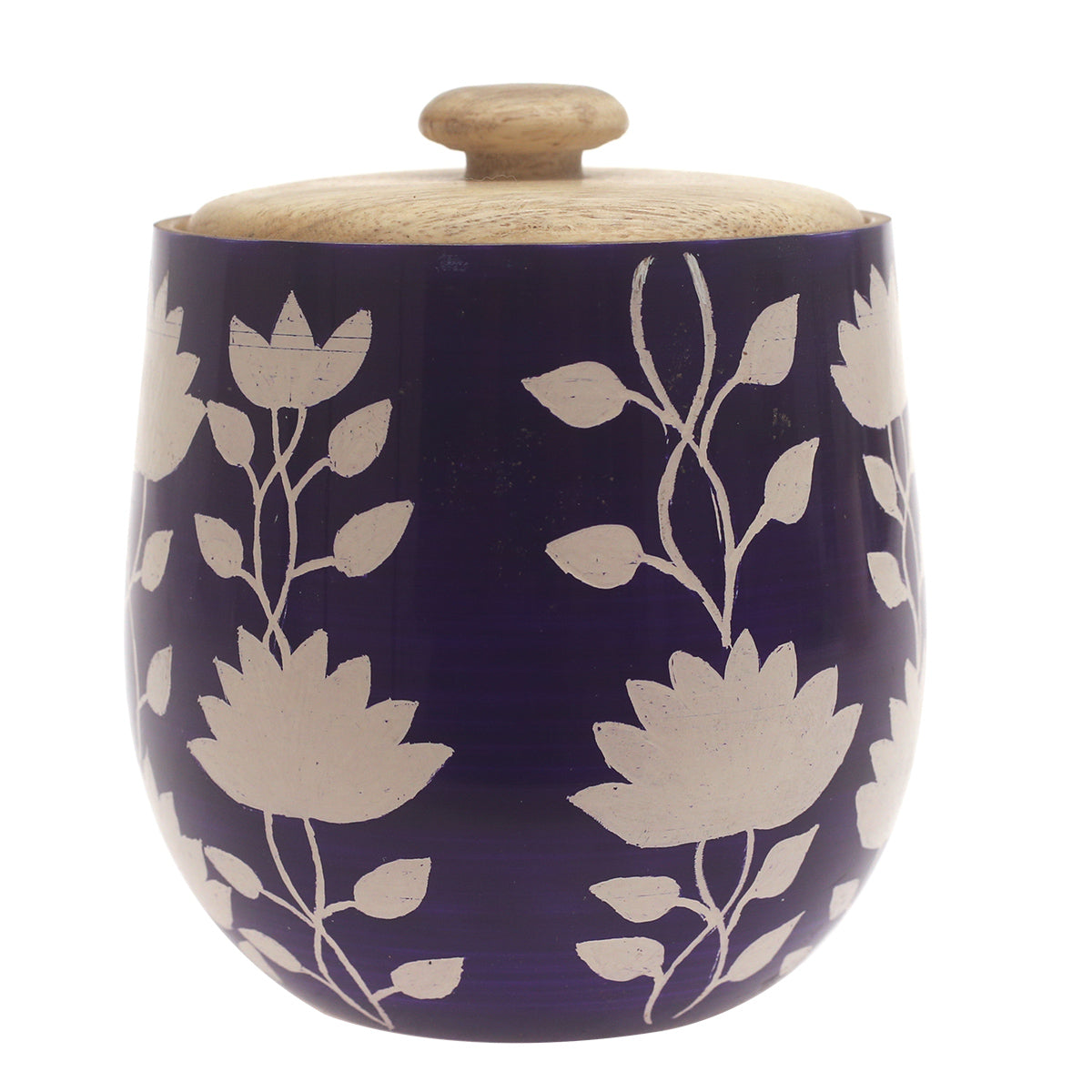 Violet Bloom Naqshi Storage Jar – Handcrafted Wooden Jar with Blue & White Floral Naqshi Art
