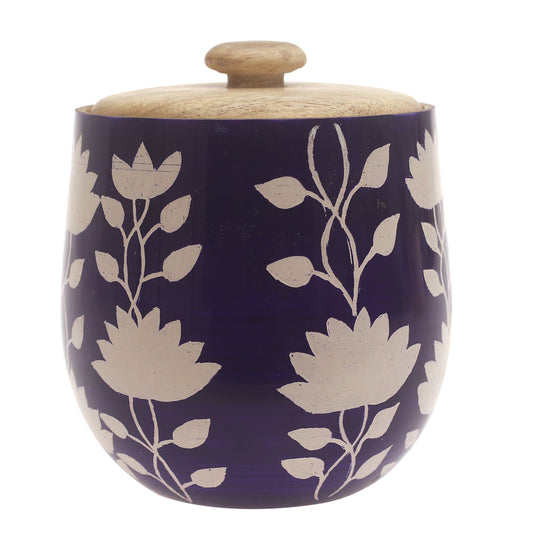 Violet Bloom Naqshi Storage Jar – Handcrafted Wooden Jar with Blue & White Floral Naqshi Art