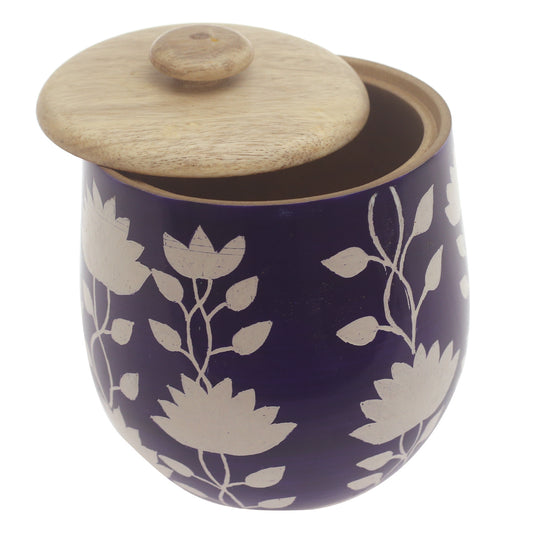 Violet Bloom Naqshi Storage Jar – Handcrafted Wooden Jar with Blue & White Floral Naqshi Art
