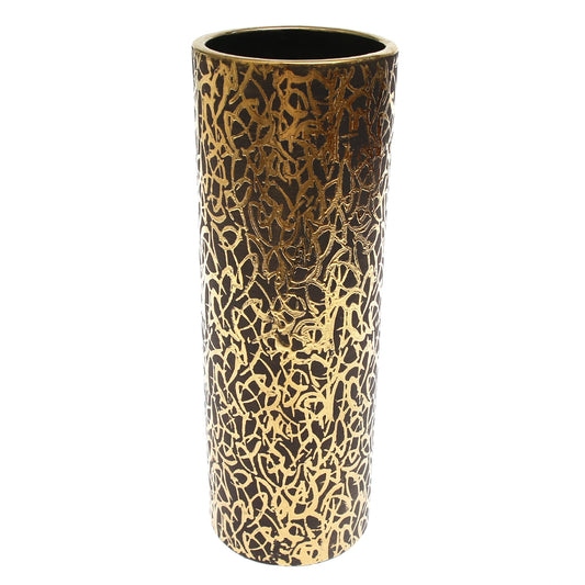 Cylinder Vase Grey &amp; Golden Pattern | Luxury Decorative Vase Pakistan | Modern Metallic Home Décor