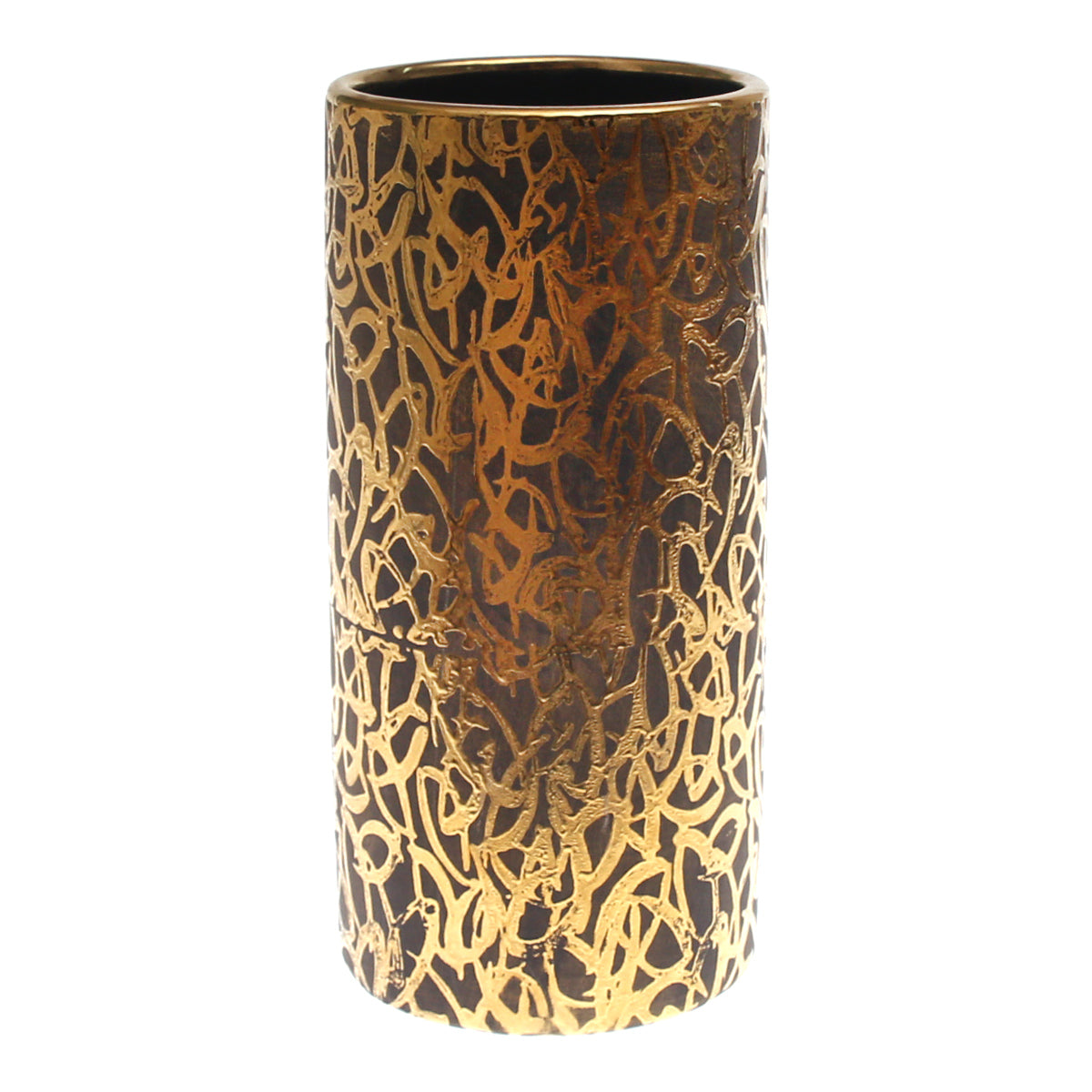 Cylinder Vase Grey & Golden Pattern | Luxury Decorative Vase Pakistan | Modern Metallic Home Accent