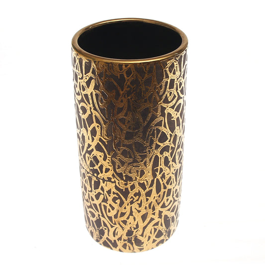 Cylinder Vase Grey & Golden Pattern | Luxury Decorative Vase Pakistan | Modern Metallic Home Accent