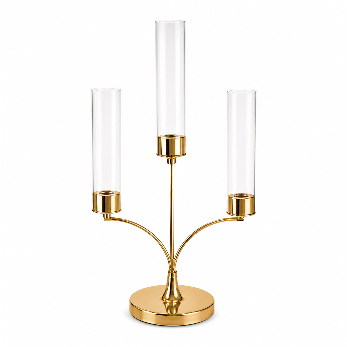 3-Arm Gold Dinner Candle Holder Medium – Clear Glass Decorative Candle Stand