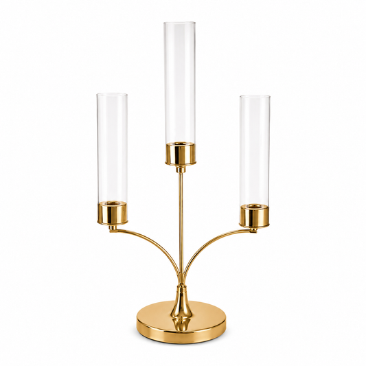 3-Arm Gold Dinner Candle Holder Medium – Clear Glass Decorative Candle Stand