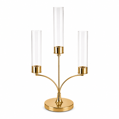 3-Arm Gold Dinner Candle Holder Medium – Clear Glass Decorative Candle Stand