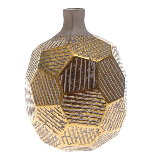 Hexagon Design Vase Gold & Grey Medium – Geometric Textured Decorative Vase for Living Room & Home Décor
