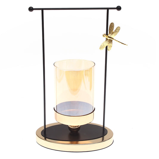 Gold & Black Frame Pillar Candle Holder with Dragonfly Accent – Large