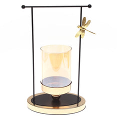 Gold & Black Frame Pillar Candle Holder with Dragonfly Accent – Large