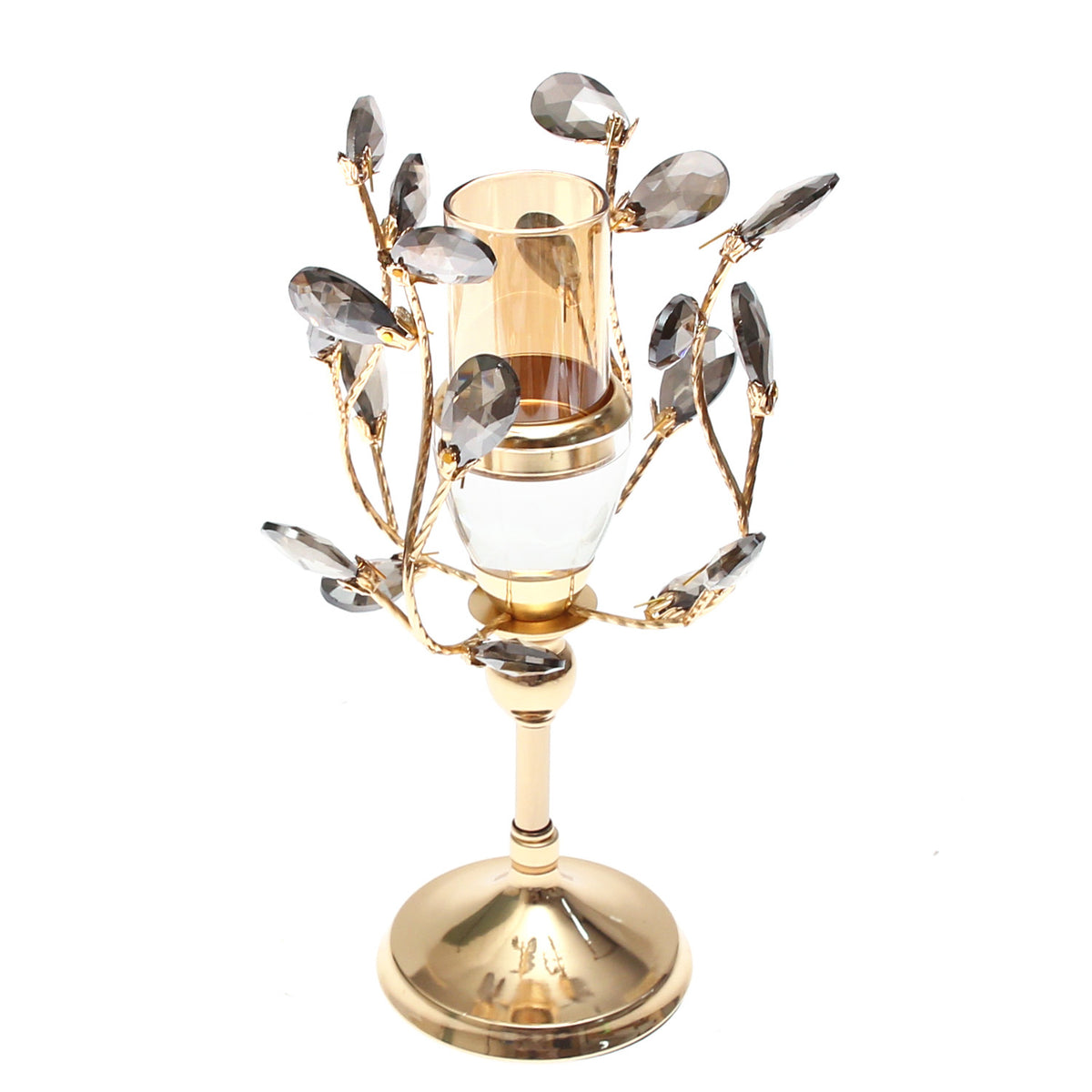 Gold & Grey Crystal Pillar Candle Holder – Small (12×34 cm)