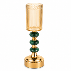 Large Pillar Candle Holder in Gold & Green | Luxury Decorative Glass Candle Stand