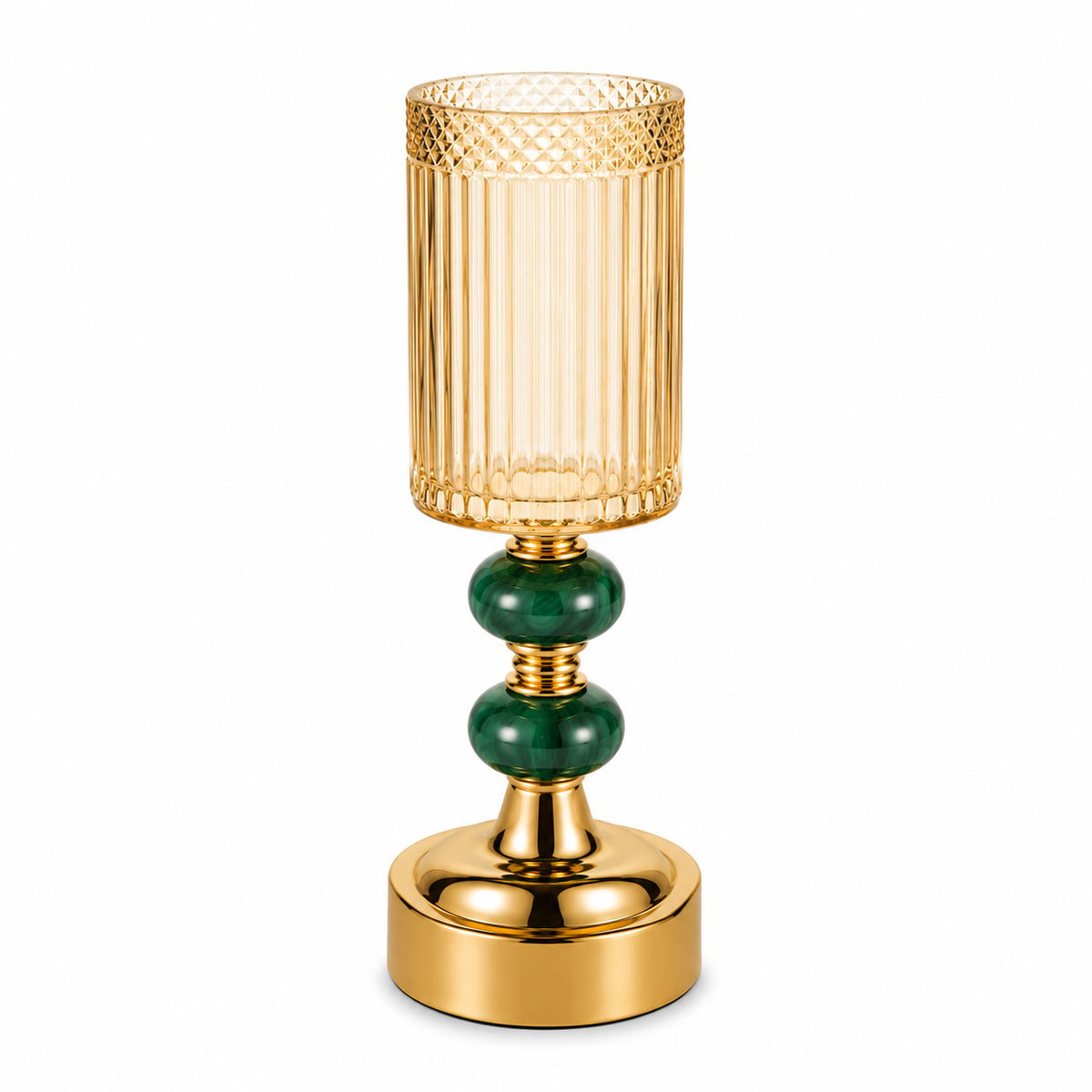 Medium Pillar Candle Holder in Gold & Green | Decorative Glass Candle Stand