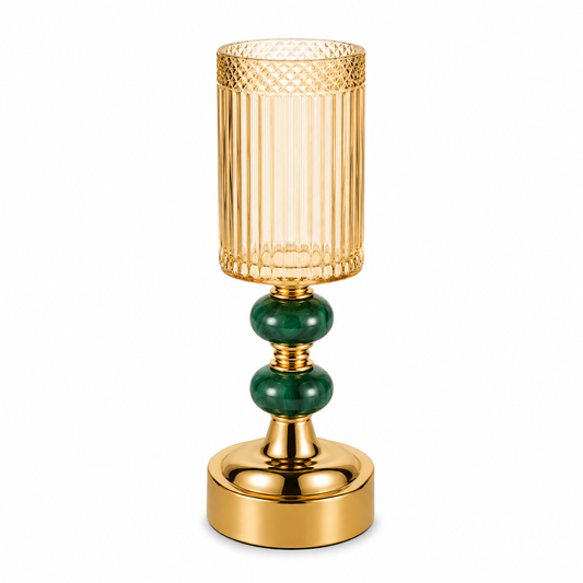 Medium Pillar Candle Holder in Gold & Green | Decorative Glass Candle Stand