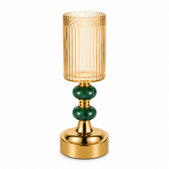 Medium Pillar Candle Holder in Gold & Green | Decorative Glass Candle Stand