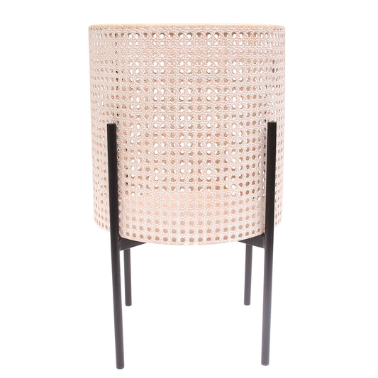 Round Hole Planter White & Beige – Large Decorative Cane-Style Pot with Stand